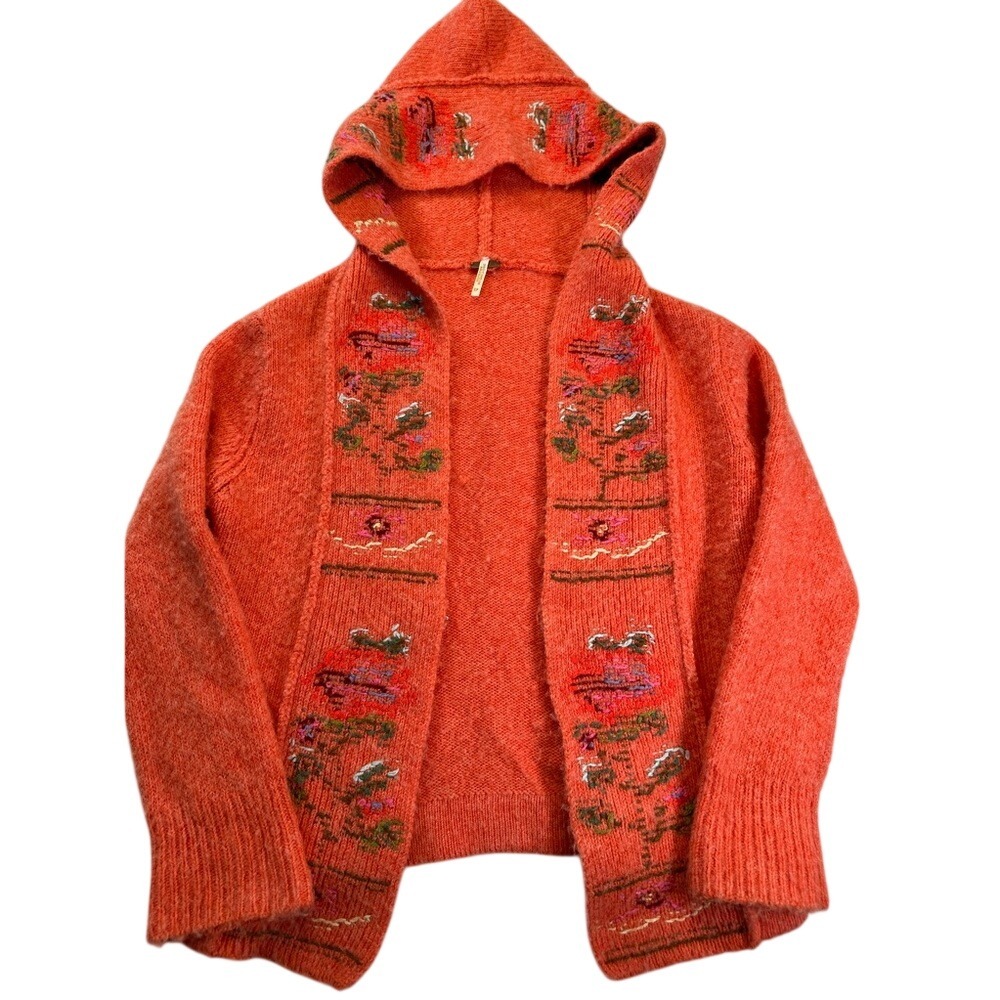 Free People Orange Embroidered Hooded‎ Cardigan Open Front Knit Sweater Small